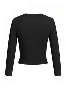 2 piezas camiseta de mujer de manga larga con cuello redondo, corta y ajustada, con diseño minimalista casual, apta para primavera/otoño - blanco y negro - Ver 5