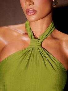 Hauture 女士纯色褶皱吊带优雅时尚无袖连衣裙 - 綠色 - 查看 4