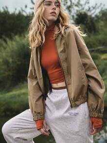 Medorelle Áo khoác trùm đầu dài tay có dây rút, eo thun, trễ vai thời trang dành cho nữ - màu nâu - Xem 1