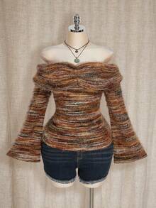 SHEIN ICON Plus Size Colorful Asymmetric-Shoulder Knit Top, Autumn/Winter Knit Sweater - Brown - View 4