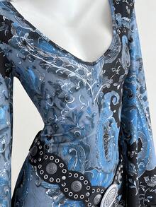 Elamini 女士短款针织连衣裙，波西米亚风腰果花图案，蕾丝拼接，喇叭长袖，休闲/日常通勤 - 藍色 - 查看 7