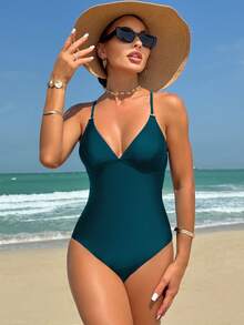 SHEIN Swim Solid Color Backless Spaghetti Strap One-Piece Swimsuit, Simple & Perfect For Summer Beach - Teal Blue - View 2