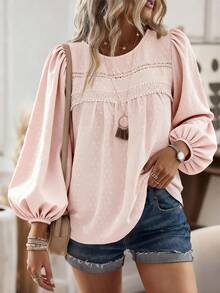 EMERY ROSE Women's Casual And Elegant Minimalist Textured Fabric Round Neck Long Sleeve Blouse,Fall And Spring Vcation T-Shirt Boho Blouses Lantern Sleeve Blouse Women Blouses Long Sleeve Pink Blouses Long Sleeve Summer Top - Baby Pink - View 7