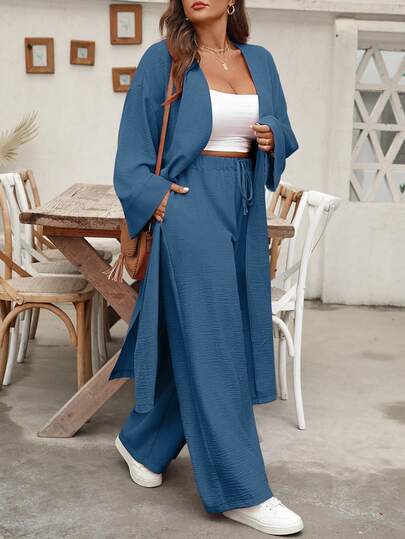 Linhara Plus Size Long Shirt Cardigan Top And Straight Leg Pants Two Pieces Casual Vacation Set