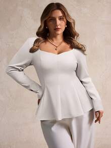 SHEIN LUNE 大码女式甜心领方领荷叶边下摆休闲衬衫 - 白色 - 查看 4