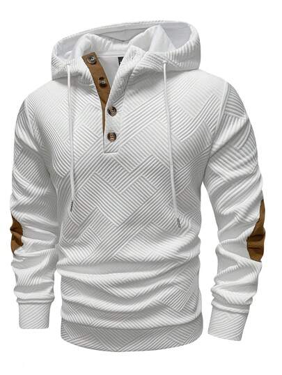 Manfinity Homme 男士休闲撞色纹理半扣抽绳连帽衫，春秋季外出长袖拼色连帽衫，适合朋友、丈夫、男朋友的礼物