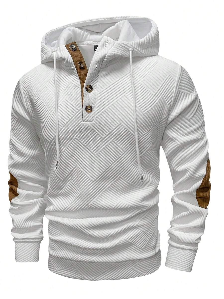 Manfinity Homme Men's Casual Contrast Texture Half Button Drawstring Hoodie, Spring/Autumn Going Out Long Sleeve Color Block Hoodie, For Friends, Husband, Boyfriend Gifts - White - View 1