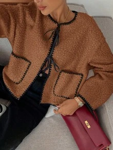 SHEIN 少女撞色圆领装饰口袋外套，长袖毛领外套，毛绒大衣，柔软面料，舒适贴身，女童秋季服装，秋冬外套 - 卡其色 - 查看 4