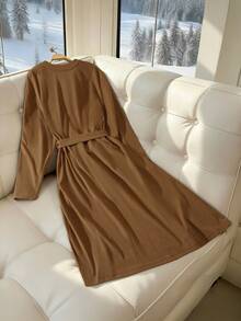 Elenzga Falda larga de cintura casual de unicolor para mujer, otoño - Marrón - Ver 2