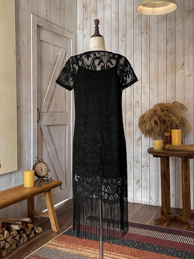 black lace fringe dress Draped crepe and lace maxi dress with fringe  Color: Black  RASARIO Online Boutique 38 (FR) / Black