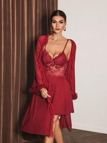 Slumberist Conjunto de pijama con camisón de dormir de encaje empalmado y bata con dobladillo con volantes - Burdeos - Ver 7
