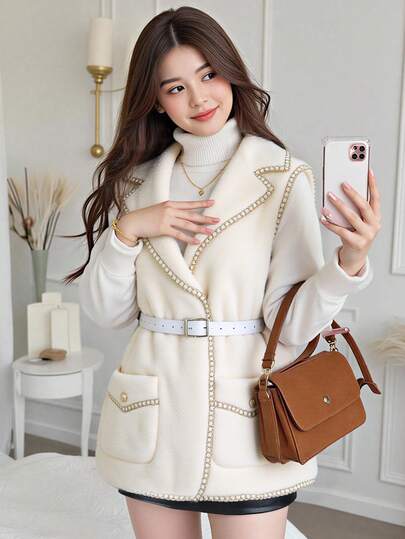 SHEIN Sparklyn Teen Girls' Clothing Sweet And Ladylike Style Outerwear Vest There Is A Waist Belt Around The Waist A Belt Slimmers The Waist And Makes One Look Slimmer Exquisite Webbing Trimmed Clothes It Is Suitable For Daily Commuting And Shopping