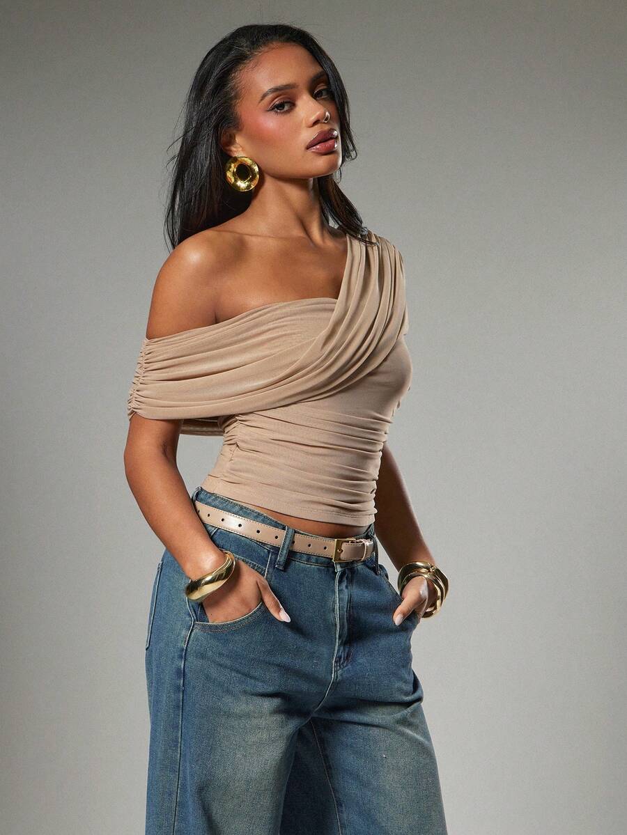 Hauture Women's Sexy Casual Solid Color Asymmetrical One Shoulder Ruched Top - Khaki - View 1