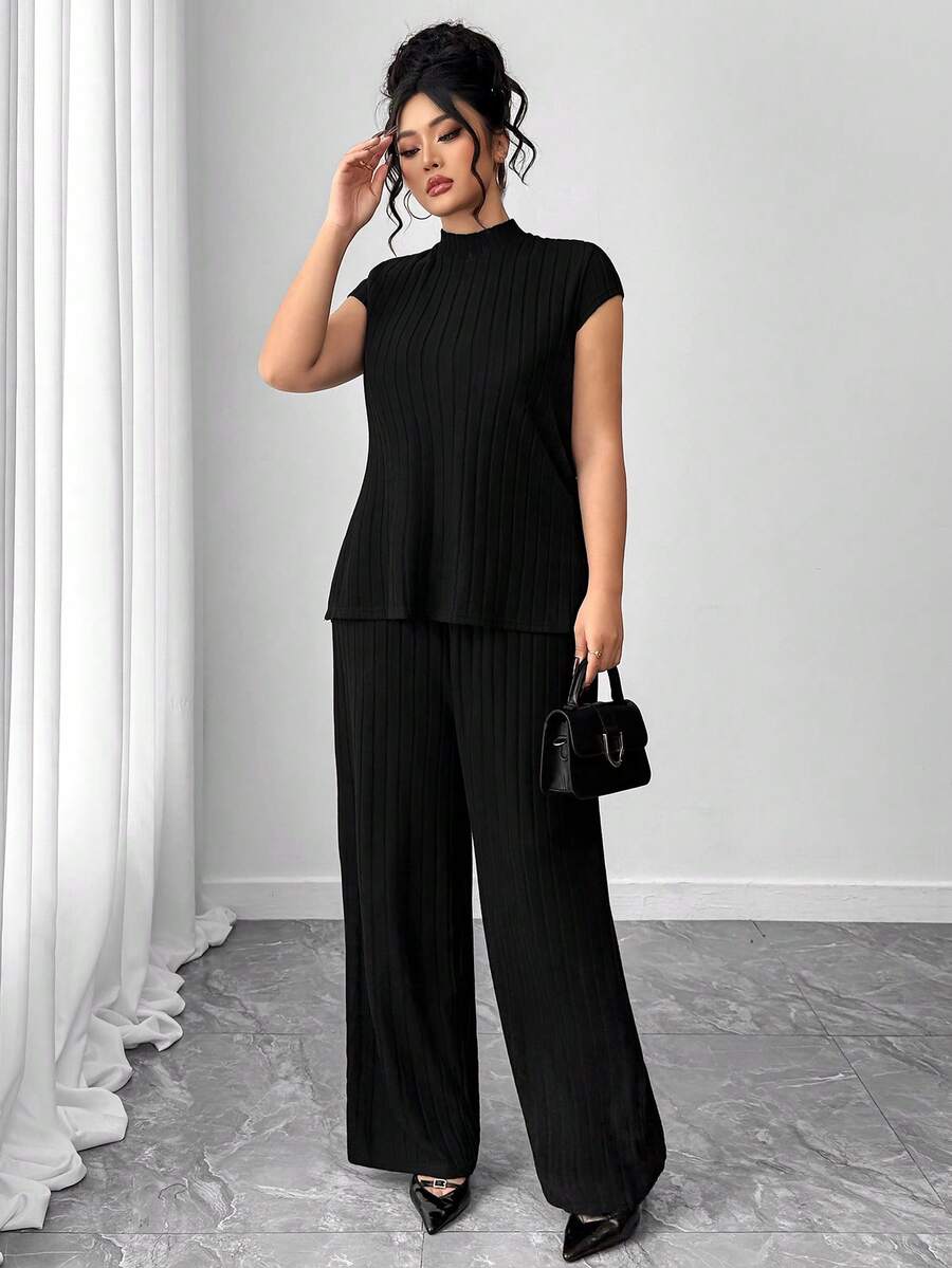Elenzga Women's Plus-Size Two Pieces Casual Solid Color Knitted Ribbed High-Neck Top With Side Slits And Loose Casual Trousers - Black - View 1