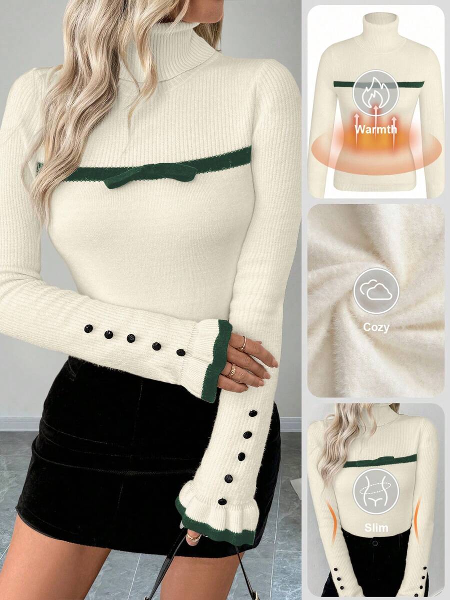 SHEIN LUNE Sweater Rajut Lengan Panjang Wanita Model Turtleneck dengan Kancing dan Rumbai, Dilengkapi Pita dan Lapisan Termal yang Pas di Badan - MultiWarna - View 1