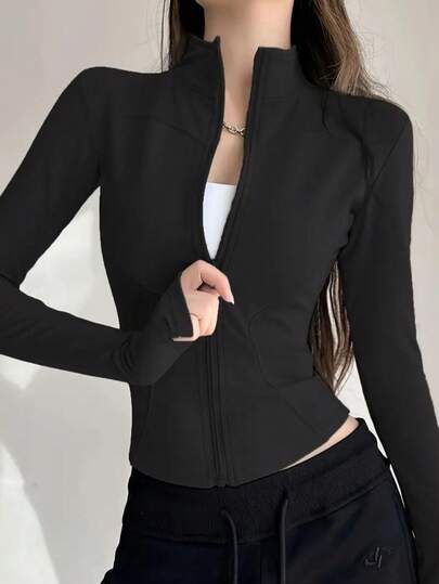 Chaqueta de yoga estilo Y2K con cremallera - Diseño ajustado y mangas largas con abertura para el pulgar