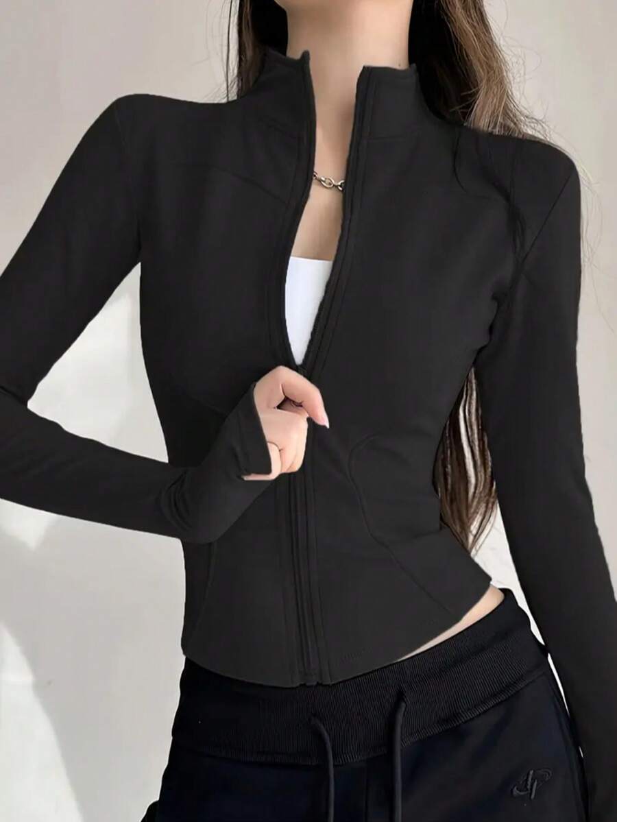Chaqueta de yoga estilo Y2K con cremallera - Diseño ajustado y mangas largas con abertura para el pulgar - Negro - Ver 1
