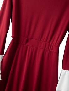 GlowEve CURVE Casual Long Sleeve Square Neck Red A Line Dress With Tiered Flounce Hem And Flare Cuffs Plus Size For Women - Red - View 7