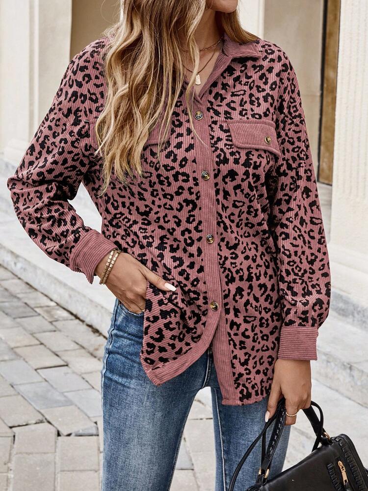 Plus Size Women Leopard Print Patchwork Shirt Style Jacket, Autumn/Winter