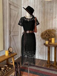 Wildy Lace Long Fringe Black Dress Western Women Attire/Country Dress,Summer Dresses For Women,Tea Party Dress