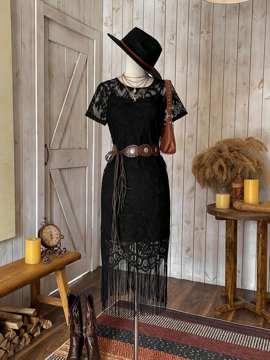 Wildy Lace Long Fringe Black Dress Western Women Attire/Country Dress,Summer Dresses For Women,Tea Party Dress