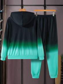 2pcs/Set Teen Boys' Casual Gradient Printed Hoodie And Sweatpants Outfit, School, Campus, College Chic Outfits For Autumn/Winter