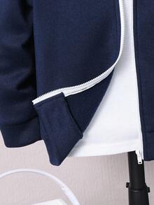 Conjunto de 2 piezas de sudadera con capucha y pantalones casuales para niños, gráfico de letras blanco y rayas blancas y azul marino, ajuste relajado, apto para uso diario, escuela, deportes, otoño/invierno, uniformes escolares, esenciales - Azul Marino - Ver 10