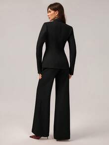 SHEIN Tall 适合秋冬通勤 黑色单扣黑色西装外套+西装裤 西装套装 办公室通勤套装 - 黑色 - 查看 2