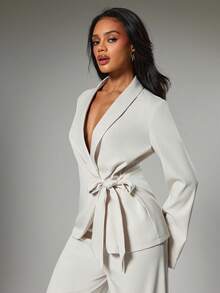 Hauture Áo khoác vest công sở đơn giản thanh lịch cổ sâu phía trước và thắt nơ bên hông dành cho nữ - Màu be - Xem 2