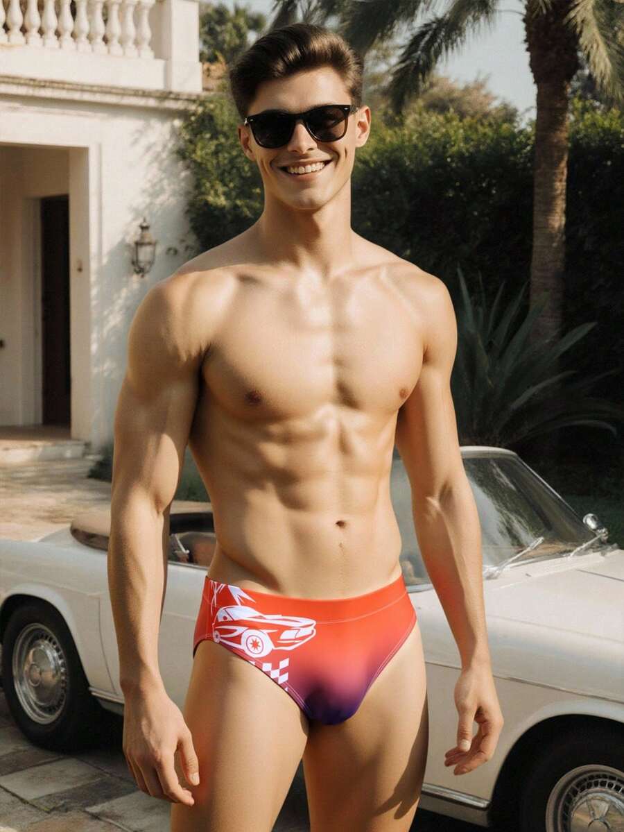 Manfinity Swimmode Quần bơi nam tam giác in họa tiết ombre, quần bơi nam kiểu briefs, đồ bơi nam in hình cờ, đồ bơi nam kiểu briefs in hình xe hơi, đồ bơi nam ngày Quốc khánh 4 tháng 7 - Hồng - Xem 1