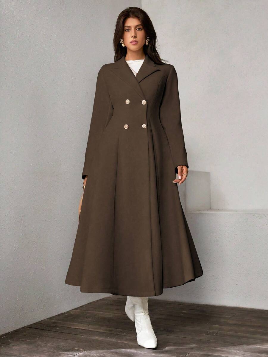 SHEIN Unity 女士休闲商务纯色长袖羊毛大衣 - 棕色 - 查看 1