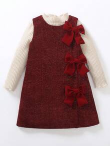 Elladie kids 2pcs/Set Girls Autumn/Winter Outfit,Sleeveless Ribbed Knit Glitter Dress With Red Bows & Soft High Neck Ribbed Sweater,Sweet & Cute Child Clothing - Burgundy - View 1