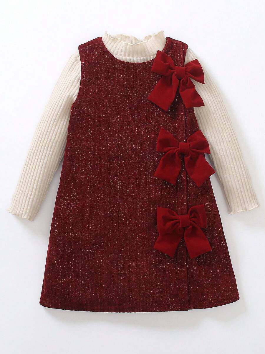 Elladie kids 2pcs/Set Girls Autumn/Winter Outfit,Sleeveless Ribbed Knit Glitter Dress With Red Bows & Soft High Neck Ribbed Sweater,Sweet & Cute Child Clothing - Burgundy - View 1