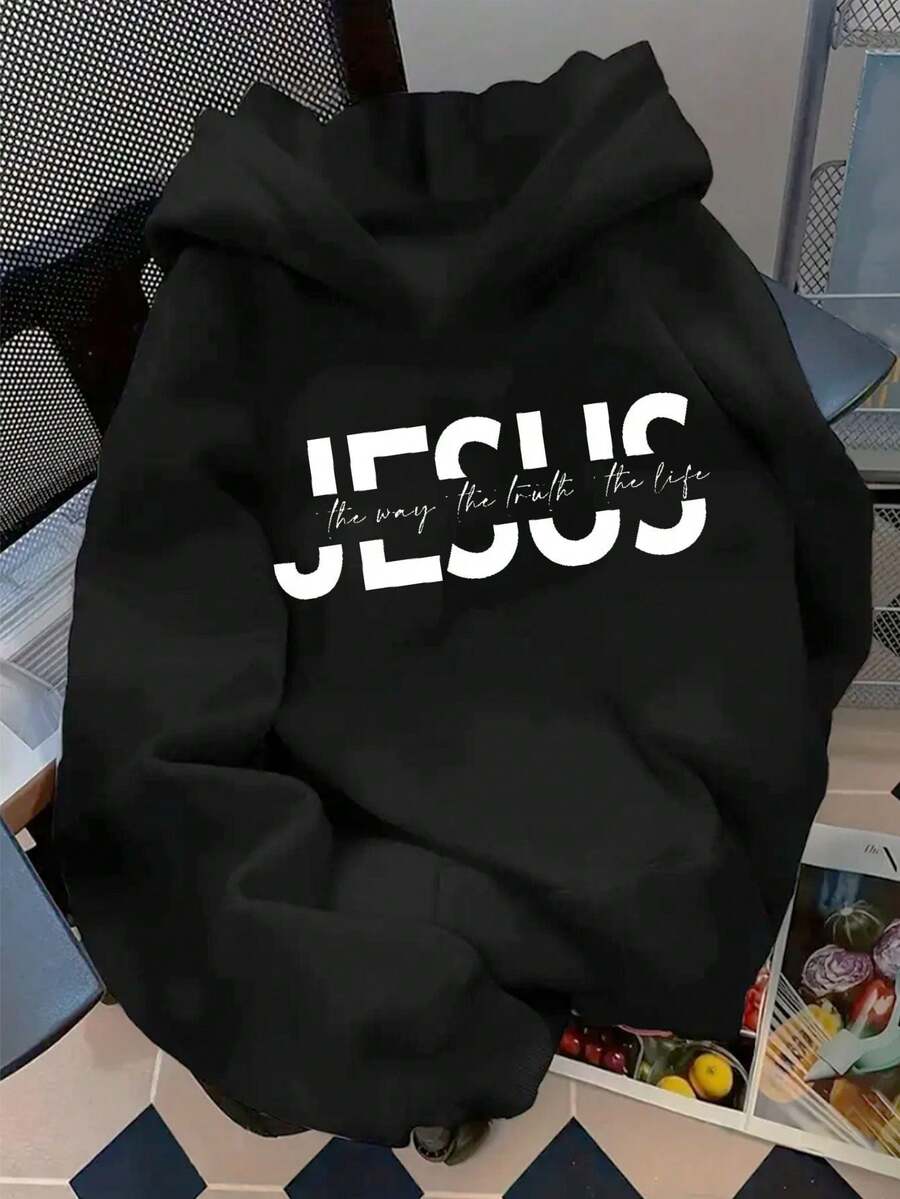 Hoodie mujer sudadera gorro capucha bolsillo canguro puños acanalados calientita cómoda diario estampado al frente frase inspiradora cristiana texto religioso mensaje de fe espiritual Jesús - Negro - Ver 1