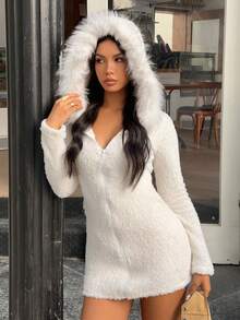 MainGRL 女士常规款仿毛皮连帽外套，白色，圣诞节，冬季 - 白色 - 查看 6