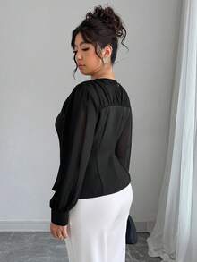 Elenzga Áo cánh màu trơn họa tiết chắp vá bằng vải voan thanh lịch dành cho nữ cỡ lớn - màu đen - Xem 2