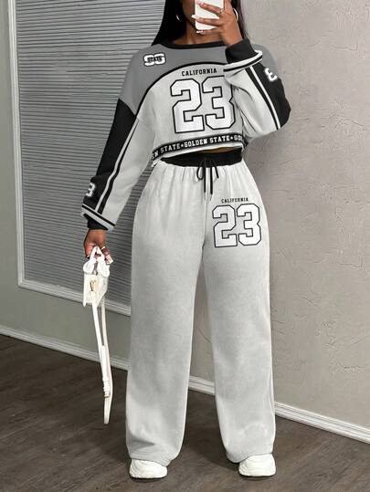 Slaydiva 23# 女士休闲字母图案街头风格宽松两件套运动服套装，适合秋冬