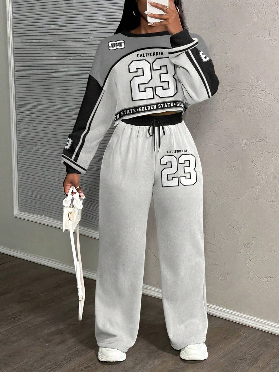 Slaydiva 23# 女士休闲字母图案街头风格宽松两件套运动服套装，适合秋冬