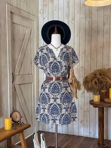 Wildy Women's Floral Print V-Neck Batwing Sleeve Casual Dress - Navy Blue - View 1