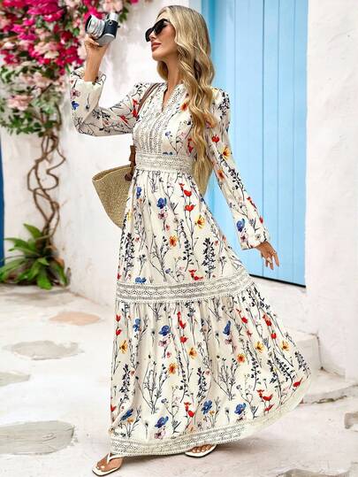 Vivid Eden Women's Vacation Floral Print Contrast Lace Long Sleeve Maxi Dress, Fashionable Holiday Style,Fall Women Clothes, Long Floral Dress, Boho Maxi Dress, Vacation Dress,Date Night Dress