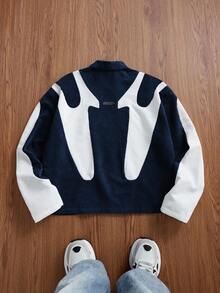 EASEVO Men's Plus Size Fashion Corduroy Patchwork Long Sleeve Jacket, Autumn/Winter - Navy Blue - View 2