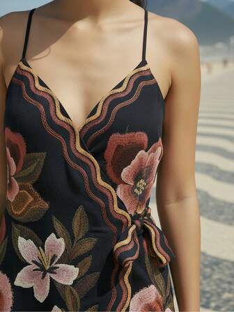 CAJUNI Damklänning med tropiskt, blommigt pionmönster, svart ärmlös, off-shoulder-mönster, kort omlottklänning för dejt och kväll, casual semester