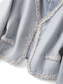 GlowEve CURVE 2pcs Plus Size Women Elegant Black Contrast Pearl Beaded Trim V-Neck Long Sleeve Cardigan Jacket And Round Neck Pearl Decor Maxi Dress Set, Suitable For Autumn/Winter Casual, Work, Party - Light Grey - View 3