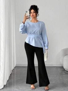 Elenzga 2pcs Plus Size Women Elegant Round Neck Belted Long Sleeve Shirt And Solid Color Slim Fit Flare Leg Pants Set - Multicolor - View 3