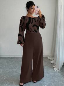 Elenzga Women's Printed Patchwork Waist Wide Leg Jumpsuit, Elegant Silhouette For Daily Commute And Versatile Wear - Chocolate Brown - View 6