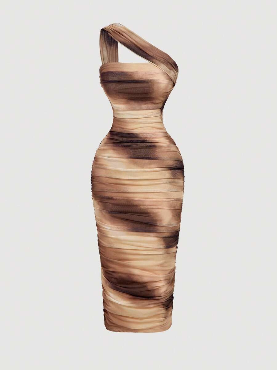 SHEIN MOD Women's Vintage Asymmetric Ruffle Sleeveless Dress - Khaki - View 1