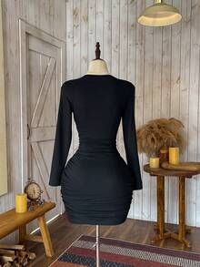 Wildy Autumn Long Sleeve Ruched Waist Tight Fitted Elegant Black Short Dress For Women - Black - View 2