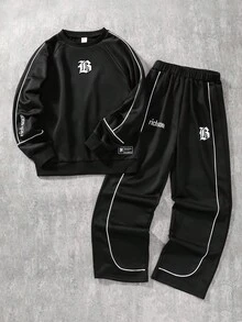 SHEIN 2pcs/Set Casual Streetwear Outfit For Teenage Boys, Loose Fit Letter Print Hoodie And Straight Leg Pants With Contrast Stripe Design Fall Winter