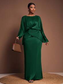 Veslaya Bộ trang phục nữ cỡ lớn Thu/Đông 2026, gồm áo tay dài trễ vai chéo phía trước và chân váy dài suông thanh lịch, phù hợp cho buổi hòa nhạc nhạc đồng quê, dự đám cưới, hẹn hò, các dịp trang trọng, tiệc tùng, kiểu dáng ôm sát gợi cảm, đi làm. - Màu xanh lá cây đậm - Xem 6