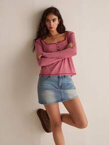 Easelle 复古游牧水洗做旧方领蕾丝拼接条纹女式上衣 - 彩色 - 查看 4